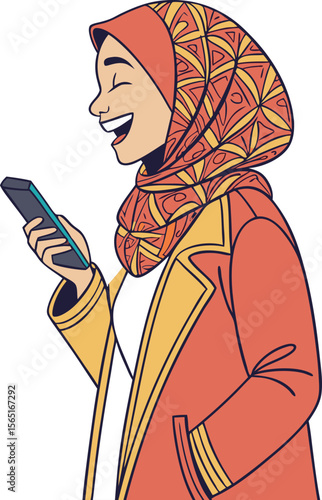 A cheerful young woman wearing a hijab and a coral-colored coat is depicted using a smartphone.