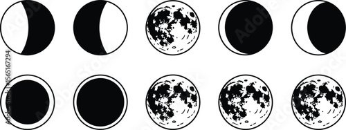Black and White Moon Phases Cycle Illustration lunar