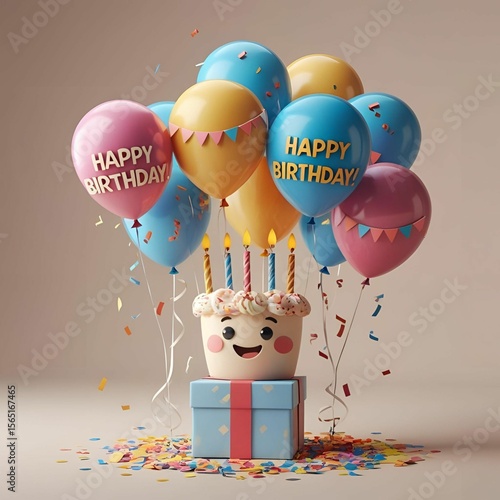 happy birthday card wirh balloons and cake 