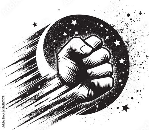  Illustration of a powerful fist in a celestial style, symbolizing strength, achievement, and determination, detailed with artful comet and star designs in a dynamic arrangement