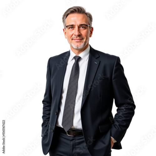  60 year old man, neutral expression, wearing business suit with tie, clean casual style, transparent background