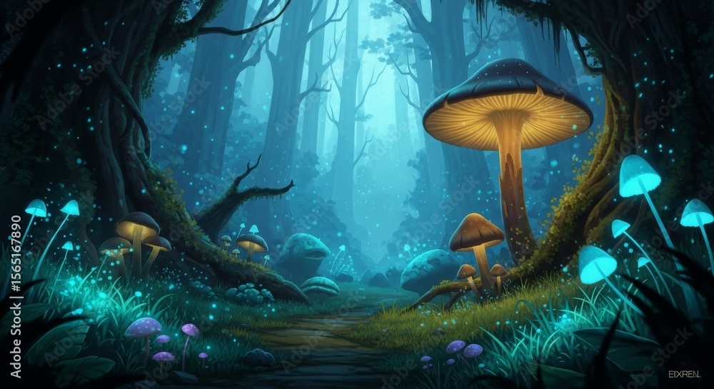 Obraz premium Enchanting Glow: Forest Path of Luminescent Fungi - Mystical forest path illuminated by glowing mushrooms, symbolizing fantasy, nature, magic, serenity, and wonder. A painting