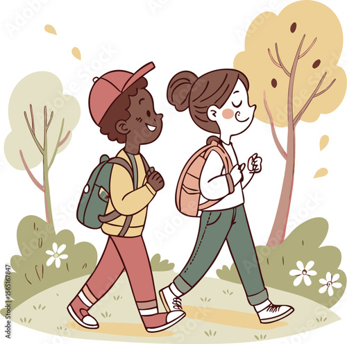 A charming illustration of two diverse children, a boy and a girl, walking through a park scene.