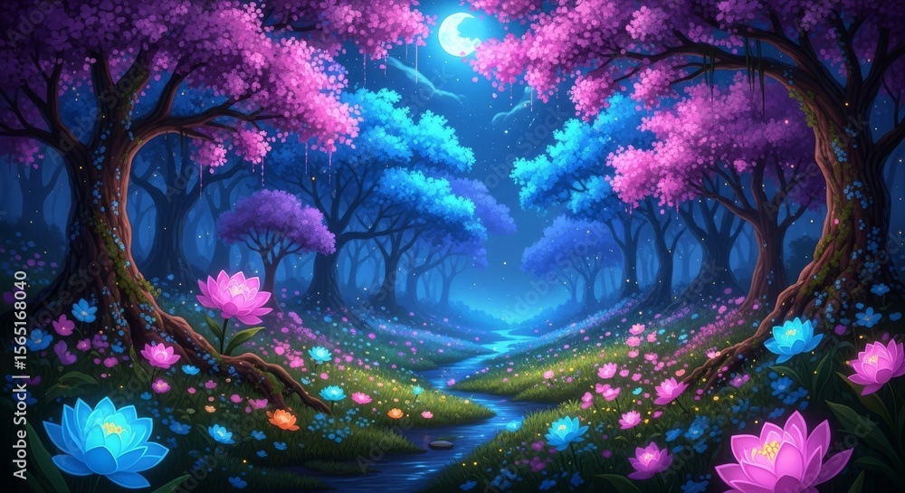 Fototapeta premium Enchanting Moonlit Forest Path - Serene moonlit forest, vibrant flowers, calm stream, magical trees, tranquil night. Symbolizing peace, dreams, nature, magic, and serenity