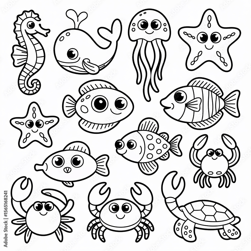 Fototapeta premium Cute sea creatures line art sea life ocean animals