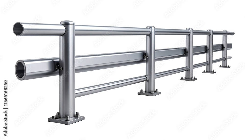 Fototapeta premium Long metal guard rail with two posts on each end isolated on a white background