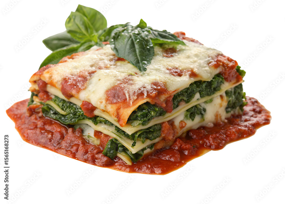 Delicious lasagna with spinach, isolated PNG transparent background Delicious lasagna with spinach, isolated PNG transparent background