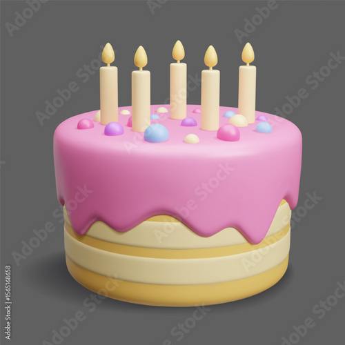 Happy Birthday cake 3D style vector illustration isolated on dark. Yellow biscuit cake with pink sugar icing glaze, colorful confetti and burning candles. Sweet dessert for children birthday party 3D.