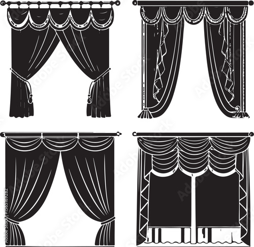 Elegant set of black and white curtain designs featuring various styles and drapes