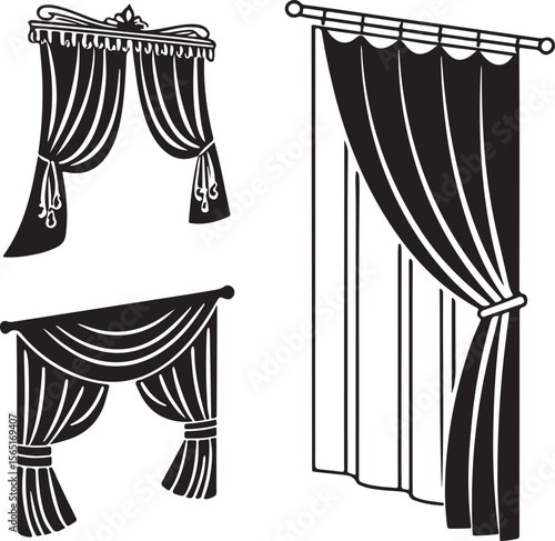 Elegant vector illustrations of various curtain designs in a stylish black and white motif