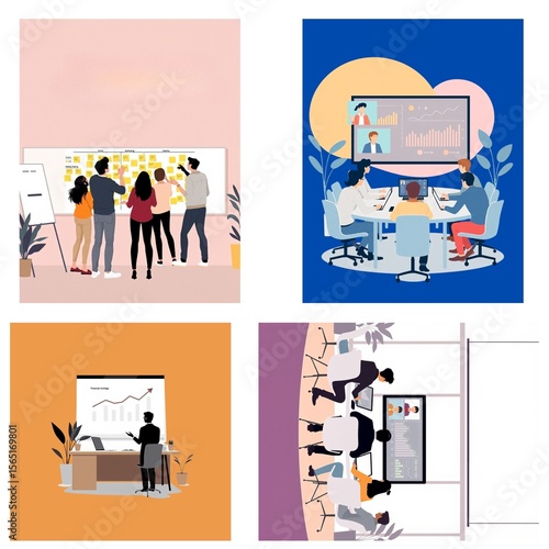 Modern Business Collaboration Scenes – Flat Vector Set of 4 Startup and Remote Work Concepts


