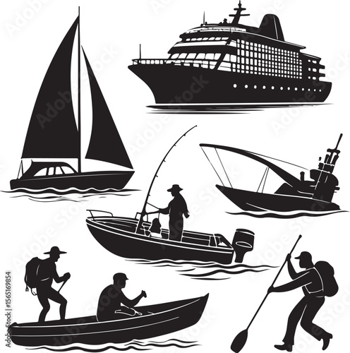 Black silhouette illustrations of various watercraft and people engaged in activities