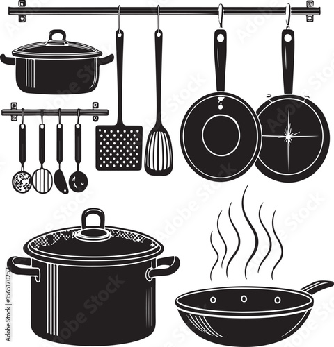 Kitchen utensils and cookware collection with saucepans pans and hanging accessories illustration