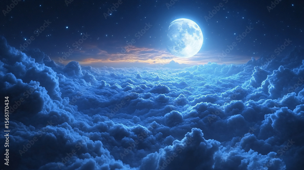 Fototapeta premium Full moon shines above a sea of clouds at night