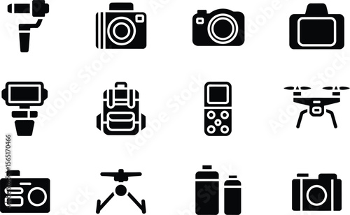 Black Silhouette Icons Photography Equipment Drone Backpack Camera Gimbal