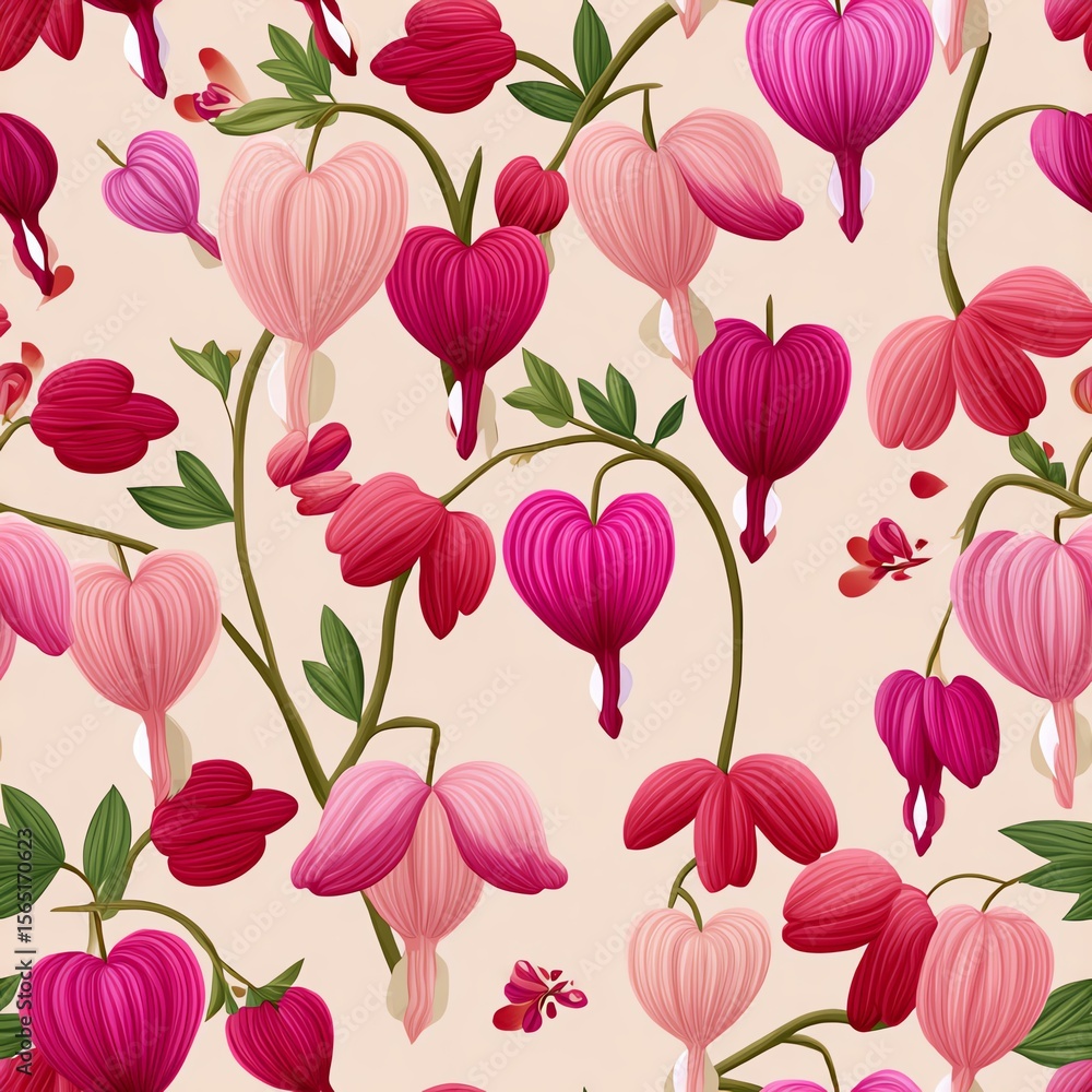 Fototapeta premium Bleeding Heart Floral Pattern: A vibrant and delicate pattern of bleeding heart flowers, showcasing their heart-shaped blooms and elegant stems in a display of nature's beauty and romantic charm.