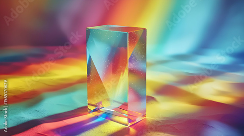 Clear rectangular prism, vibrant rainbow hues, studio lighting.  Detailed refraction effects