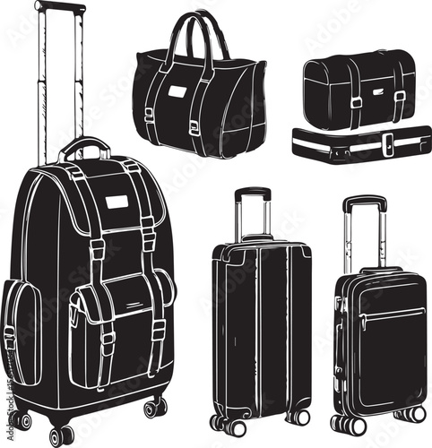 Vector illustration of various travel bags and luggage in stylish black and white design