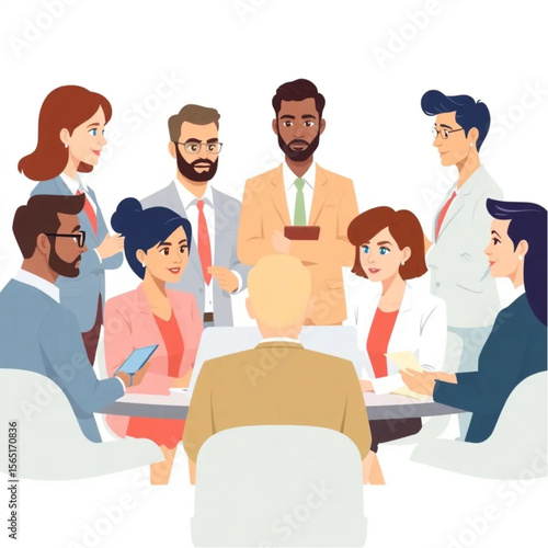 A group of six executives are presenting their strategy to a larger group. They appear focused and collaborative, with laptops and notes in front of them.