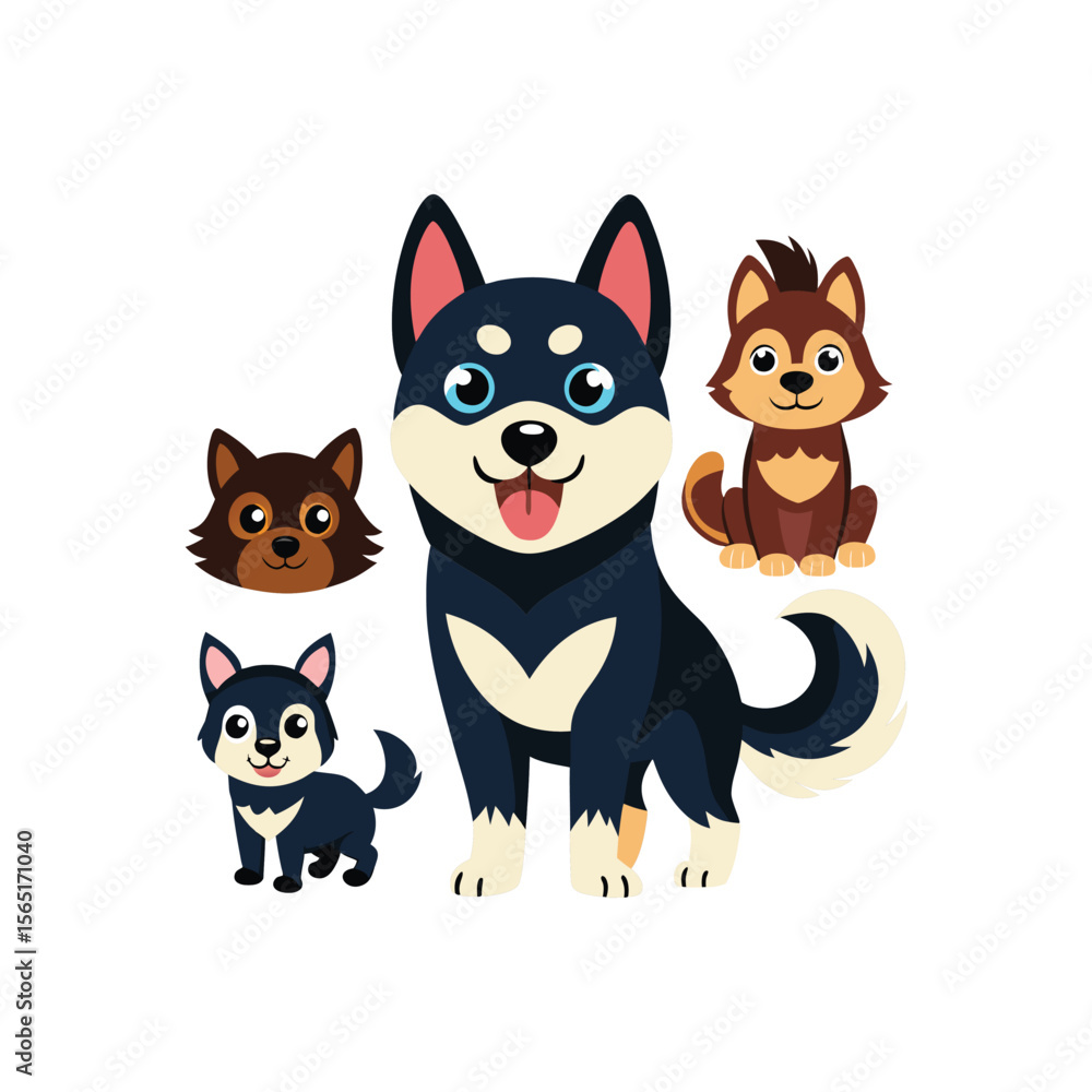 Brown And Black Puppy, Dog, Husky, Funny, icon, Illustrations Set Brown And Black Puppy, Dog, Husky, Funny, icon, Illustrations Set