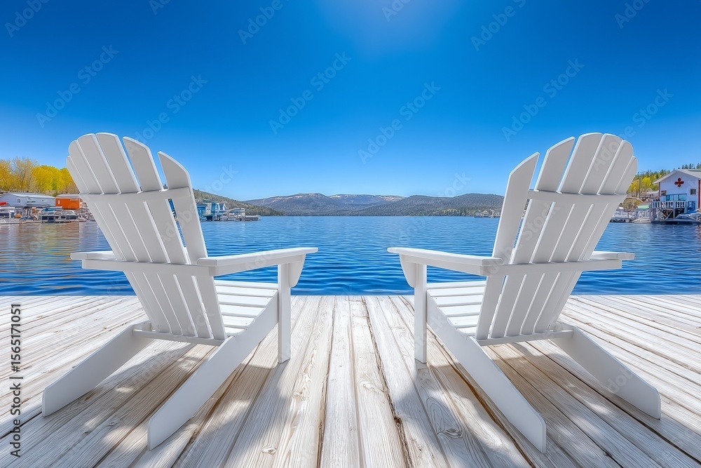 Fototapeta premium A wood dock supports two Muskoka chairs, which face a tranquil lake and provide a view of a white cottage set back among green trees, with a boat dock on the lake in front of the cottage