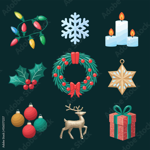 vector Happy New Year Celebrating 2025 in Latin letters , Christmas Decoration Items Santa Claus
