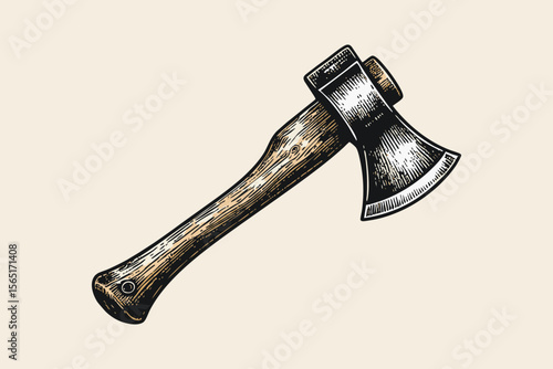 Vintage Etched Axe Illustration with Wooden Handle and Engraved Steel Blade