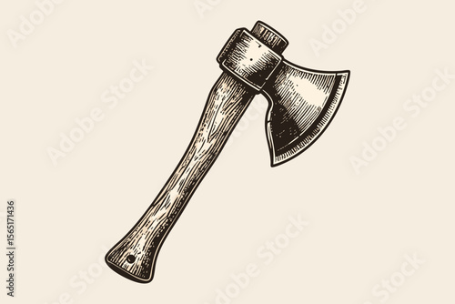 Classic Vintage Engraving of Wooden Axe in Monochrome Etched Style