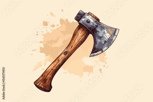 Watercolor Vector Illustration of Wooden Axe with Splatter Background