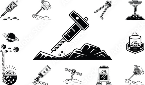 Mining Equipment Icons Black and White Asteroid Mining Illustration