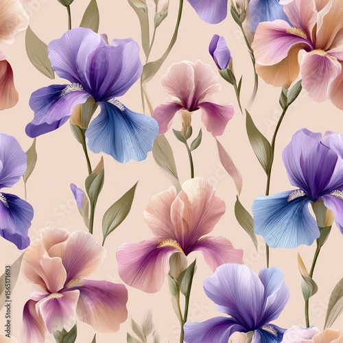 Floral Tapestry: An intricate arrangement of delicate iris blooms in soft pastel hues, creating a sense of tranquility and natural beauty.