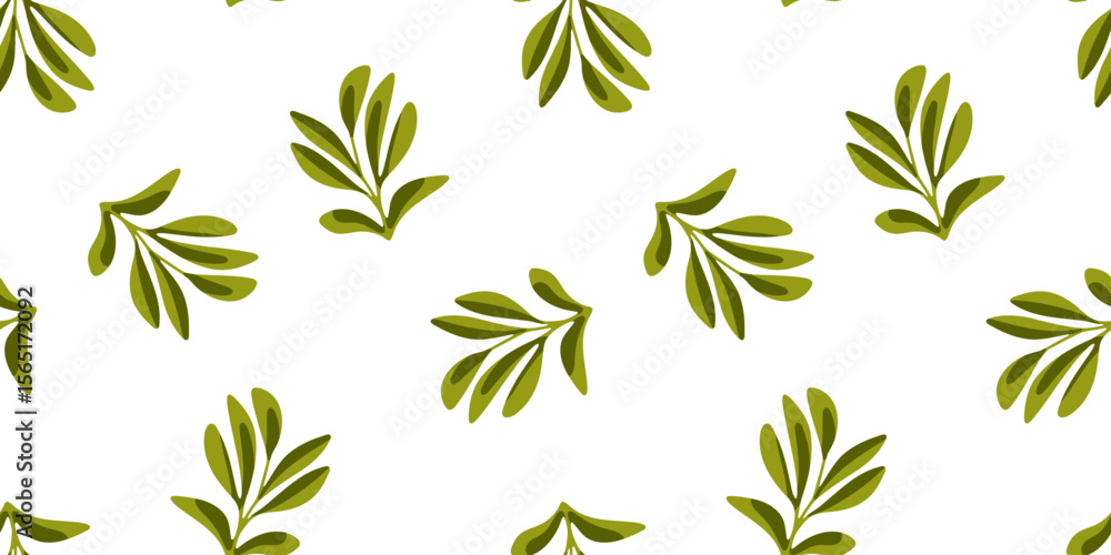 Fototapeta premium Seamless Green Leaf Pattern. Seamless pattern with green leaf branches on white background. Flat natural style, fresh botanical theme.