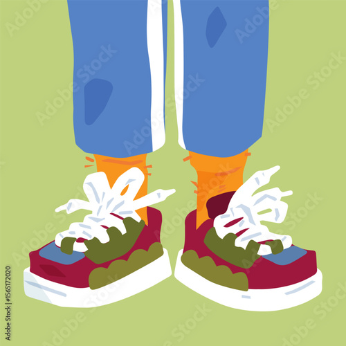 Colorful Cartoon Sneakers Illustration. Flat cartoon illustration of colorful sneakers with white laces and bright socks. Bold palette, casual street style, front view, isolated on green background.