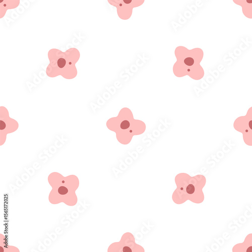 Seamless Pink Flower Pattern. Seamless pattern with small pink cartoon flowers on white background. Minimal flat style, soft pastel color palette.