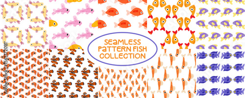 Colorful Cartoon Fish Pattern Set. Set of seamless patterns with colorful cartoon fish in bright marine theme. Flat fun style on white background.