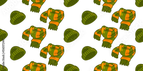 Seamless Beanie Scarf Autumn Pattern. Seamless pattern with cartoon green beanies and plaid scarves in warm autumn colors. Flat style illustration on white background.