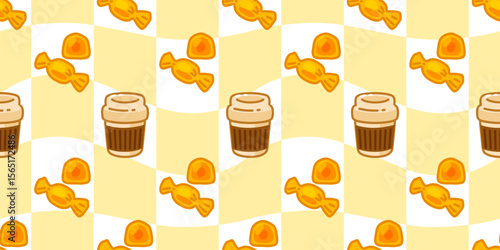 Seamless Coffee Candy Pattern. Seamless pattern with cartoon coffee cups and wrapped candies on a yellow checkered background. Flat style illustration in warm colors.
