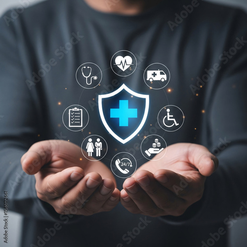 Man presents shield with medical icons for healthcare, insurance or assistance concept
