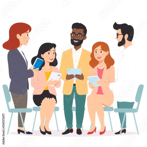 A group of five managers are participating in a team-building workshop. Some are holding tablets, others taking notes or gesturing as they speak.