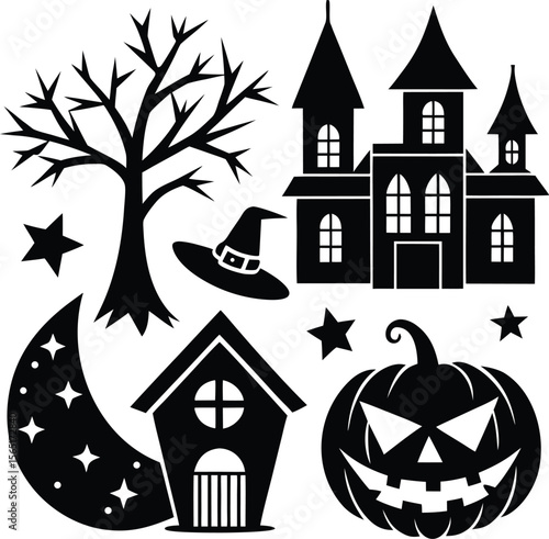 Haunted Halloween castle vector illustration with a spooky old house and moonlit night, haunted place, horror art, full moon, creepy house