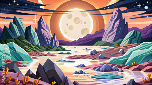 Mystical moonlit valley with shattered rocks and levitating crystals glowing under starlight cartoon ideal for fantasy game scenes, magical world-building, or concept art in creative media