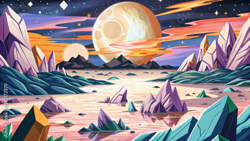 Mystical moonlit valley with shattered rocks and levitating crystals glowing under starlight cartoon ideal for fantasy game scenes, magical world-building, or concept art in creative media