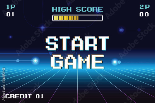 START GAME. pixel art .8 bit game. retro video game. for game assets. Retro Futurism Sci-Fi Background. glowing neon grid and star from vintage arcade computer games