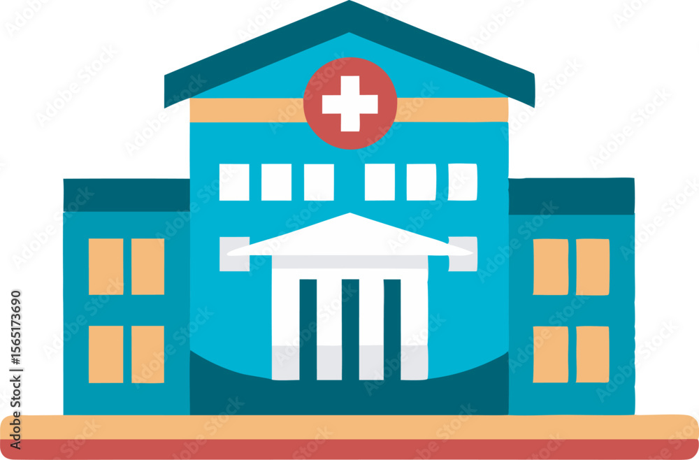 A simplified, colorful illustration of a hospital building with a prominent medical cross A simplified, colorful illustration of a hospital building with a prominent medical cross