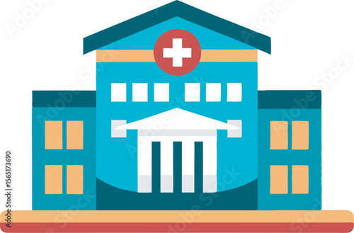 A simplified, colorful illustration of a hospital building with a prominent medical cross