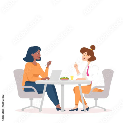 A small team of three coworkers are taking part in a virtual team lunch. One person is standing while the rest are seated, listening attentively.