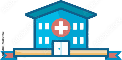 A simplified, colorful illustration of a hospital building with a prominent medical cross