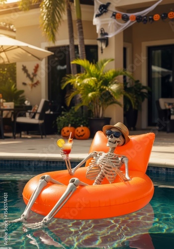 Skeleton Poolside Relaxation - A skeleton relaxes in an orange pool float, enjoying a cocktail by the pool on a sunny day. Halloween decorations are visible in the background