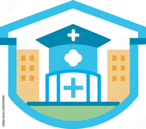 A simplified, colorful illustration of a hospital building with a prominent medical cross