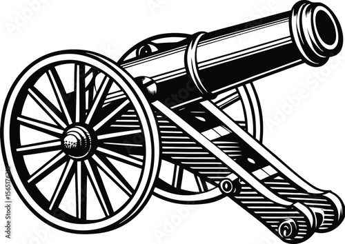 Vintage cannon vector illustration: isolated antique military weapon with wheels, detailed, engraved, emblem, museum, symbol